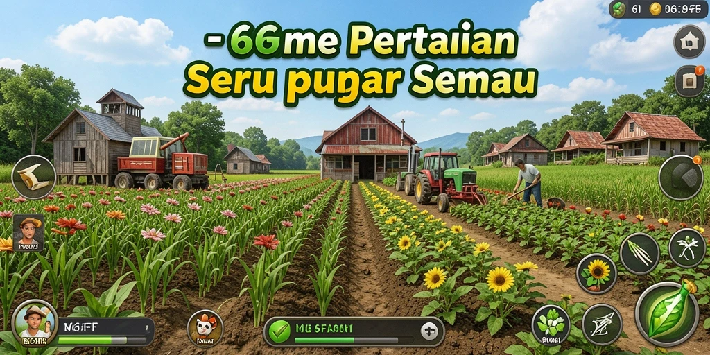 Tampilan gameplay 666FF dengan ladang yang subur dan hewan ternak yang aktif.