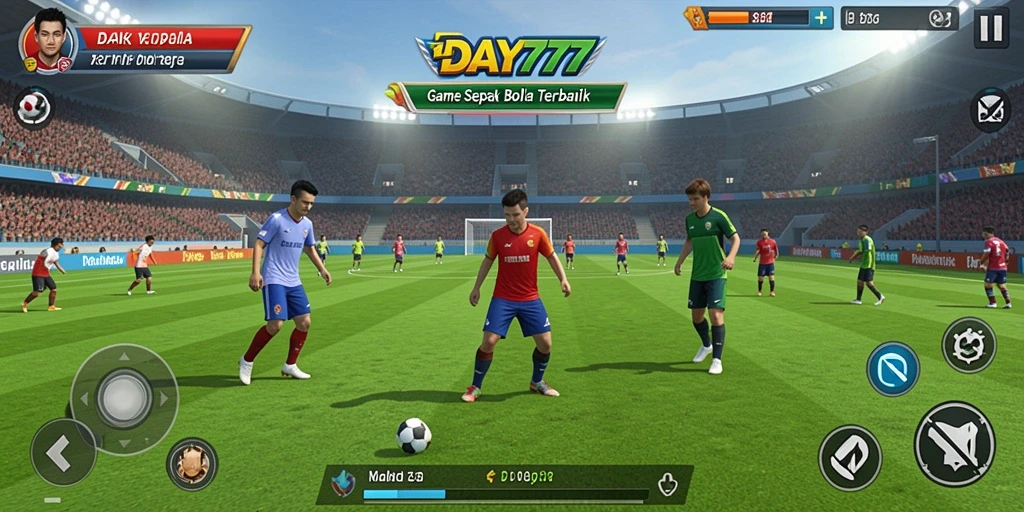 Screenshot DAY777 menampilkan momen seru dalam gameplay sepak bola.