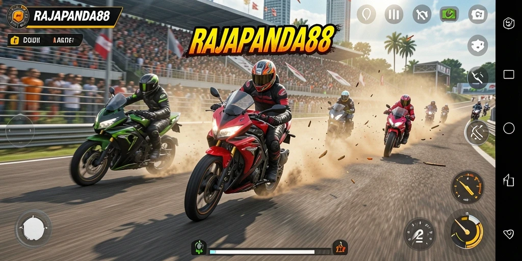 Screenshot gameplay RAJAPANDA88 yang menampilkan balapan motor yang mendebarkan.