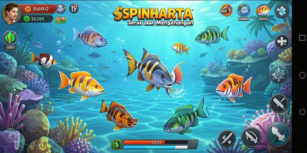 Tampilan gameplay SPINHARTA yang memukau dengan aksi menembak ikan.
